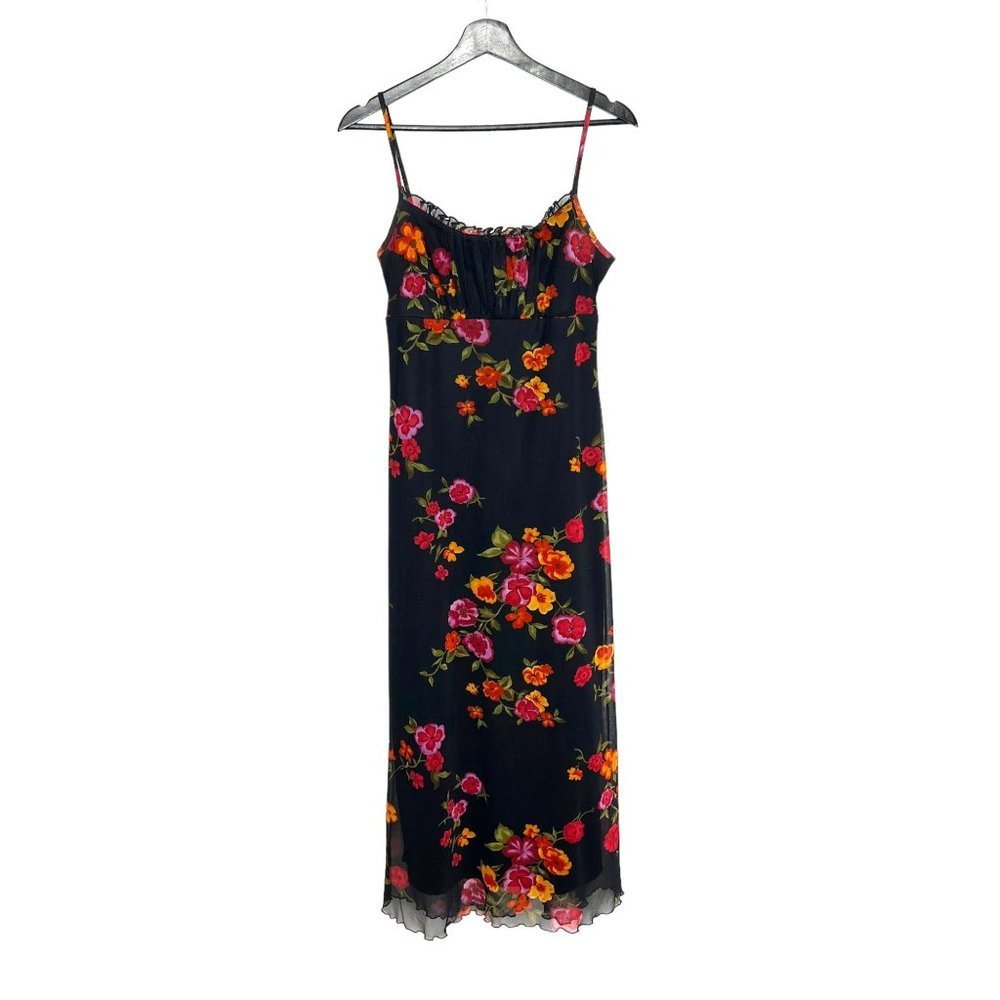 Vintage 90s Black Multicolor Floral Spaghetti Strap Lettuce Edge Full Length Dre